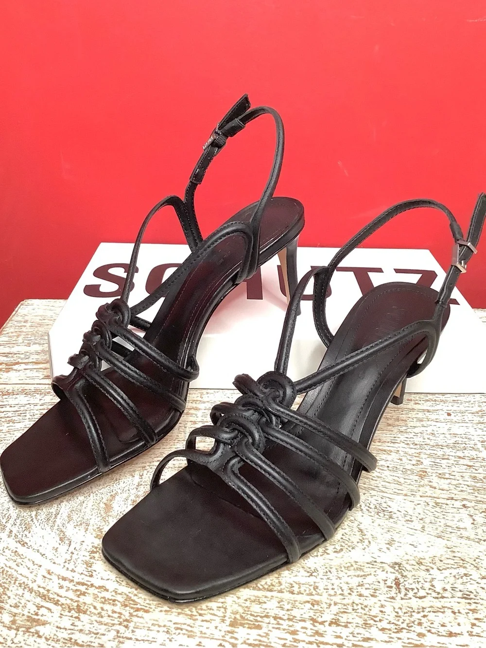 SCHUTZ Octavia Black Leather Knotted Strappy 3” Stiletto Sandals